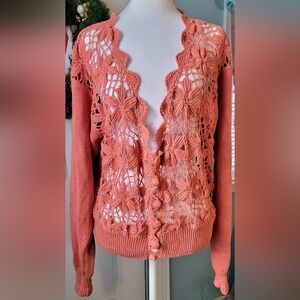 90s Vintg OBR Floral Crochet Open Knit Chunky Cardigan Womens L Rusty Coral Cott